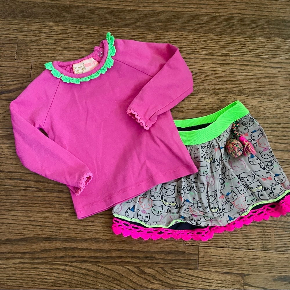 Mim-Pi 2 piece skirt set kittens cats pom pom ruffle pink green Sz 9 mo